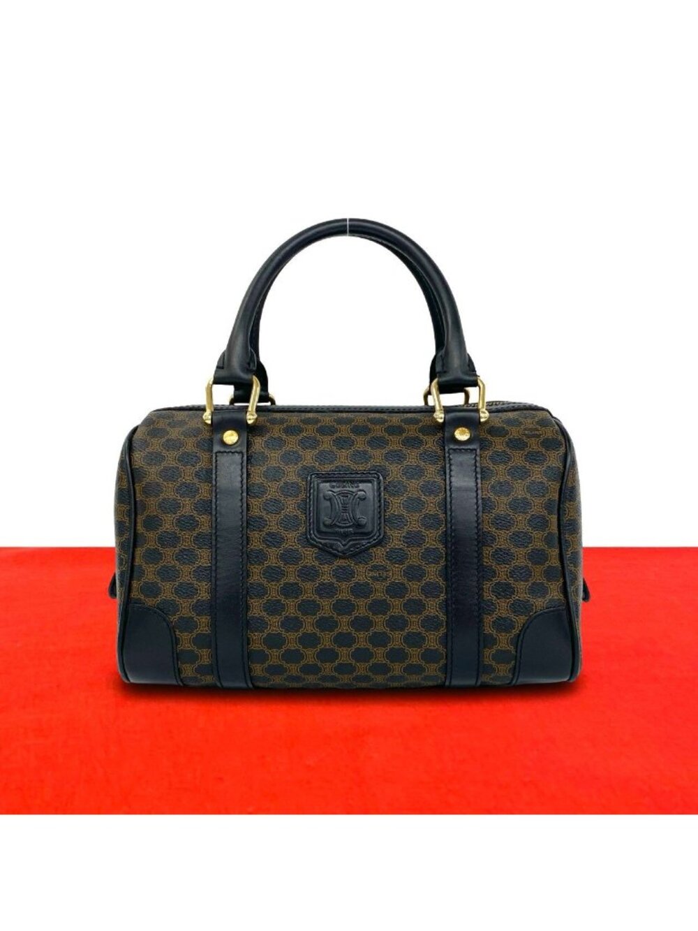 Celine Vintage Macadam Blason Logo Pattern Leather Mini Boston Bag Black Brown